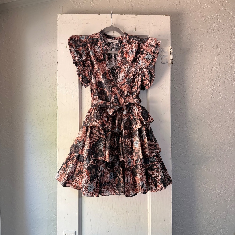 Ulla Johnson Honoria Ruffled Mini Dress Rosewood Floral Batik Cotton Size 4